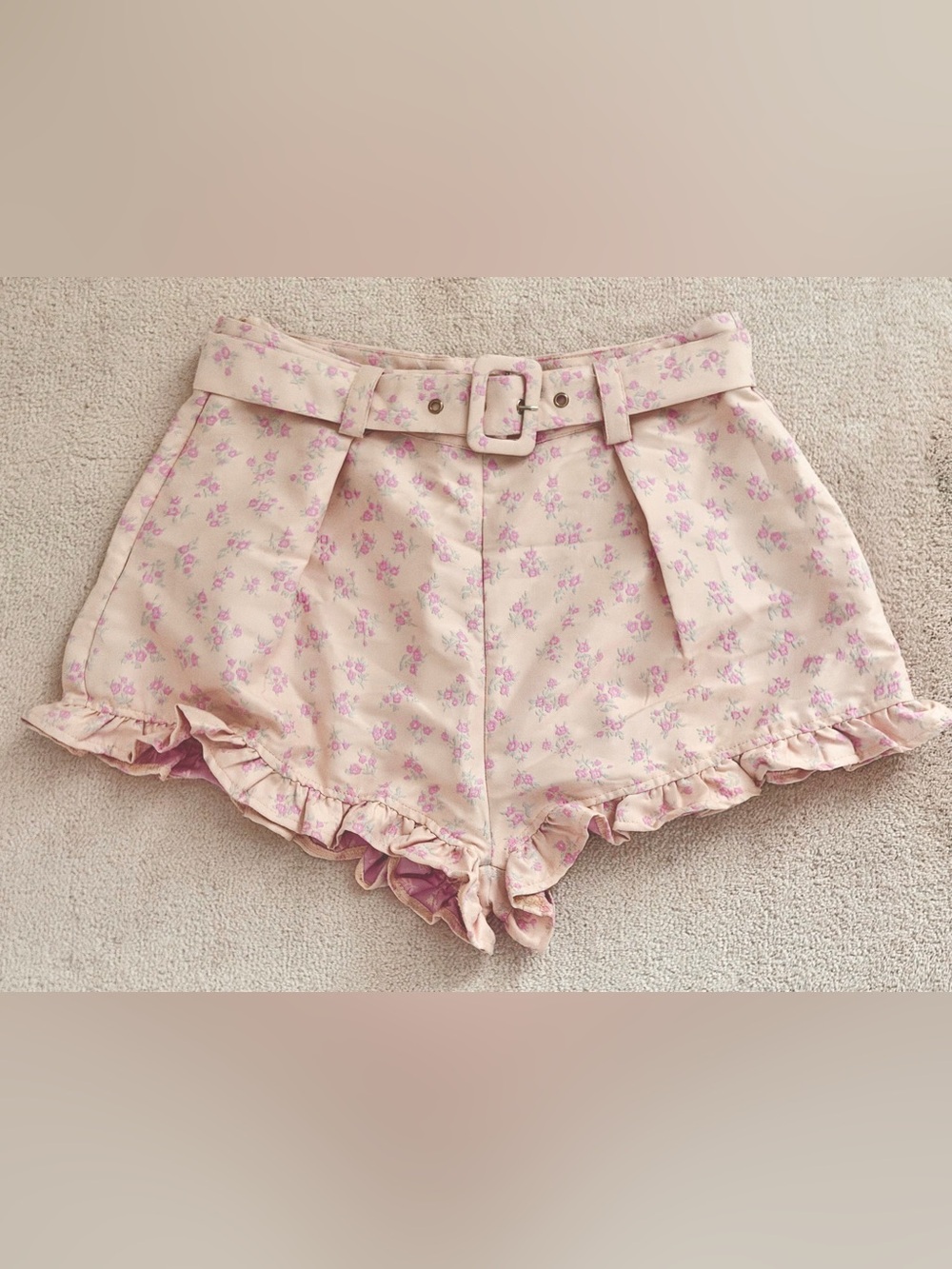 SHEIN Cream & Pink High Waist Floral Bloomer Ruffle Shorts with Belt L